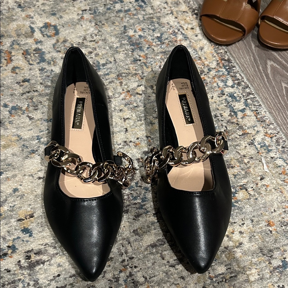 Primark Black Heels with Gold Chain Detail